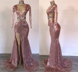 Wholesale long sleeve sparkle evening dresses for sale - Group buy Rose Gold Sequins Long Sleeve Evening Dresses Sexy V neck High Slit Sparkly Mermaid Occasion Prom Dress Wear Vestidos