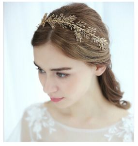 US Warehouse Braut Kopfbedeckung Kronenperlen Haare Haken Blatt Kronen Stirnbänder Hochzeit Kopfstückzubehör Goldfarbe Stirn Schmuckbaum