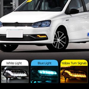 2pcs diurno com luz para VW Volkswagen Polo 2014 2015 2016 2017 Fluxo Amarelo Turn Signal LED DRL FOG Lamp