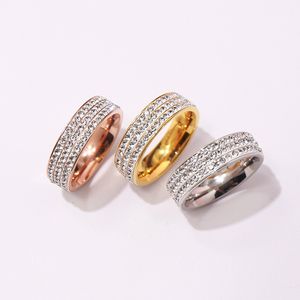 New Arrival Fashion Lady 316L Titanium Steel Three Rows White Diamond 18k Gold Plated Engagement Wedding Rings 3 Color Size 6-9