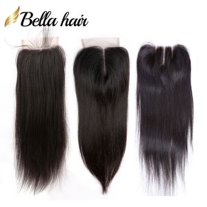 100 obearbetad peruansk malaysisk indisk brasiliansk spetsavslutning Human Virgin Hair Closure x4 silkeslen raka topplås bella hår