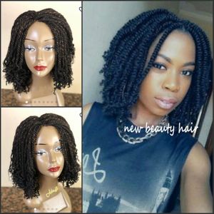 Partihandel Pris 10inch Svart Syntetisk Hår Kinky Twists Lace Front Short Flätad peruk för svarta kvinnor Gratis frakt