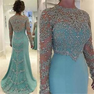 Ny Mint Green Vintage Sheath Prom Klänningar Långärmad Pärlor Långärmade Appliqued Evening Dress Party Gown