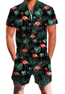 Floral Folhas Flamingos Impresso Macacão Mens Manga Curta Macacão Macacão Playsuit Macacão Verão Moda Streetwear One Piece