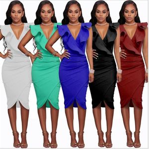 Sexy V-ausschnitt Rüschen Ärmellose Frauen Party Kleider 2019 Neue Sommer Frauen Unregelmäßige Midi Solide Weiß Kleid Robe Vestido De Festa