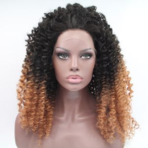 Krótki Bob Wig Odporność na ciepło 360 Czołowa Koronka Syntetyczna Front Pełna Peruka Włosów Z Natural Hairline Ombre Brown Kinky Kręcone peruki dla kobiet