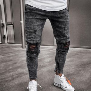 Mens Skinny Stretch Denim Calças Afligidas Rasgado Freyed Slim Fit Jeans Calças Calças Harajuku Sweatpant Hip Hop Calças LS 1217