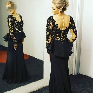 Dark Navy Trumpet Evening Gowns Mother Of The Bride 2020 Long Sleeve Pearls Lace Applique Sheer Jewel Hollow Back Formal Dress Vestidos De