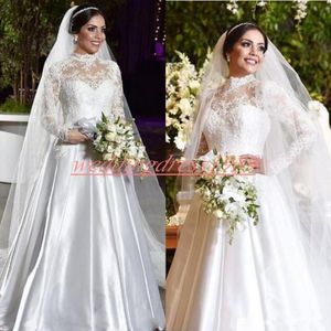 Vintage 2020 Lace Satin High Neck Wedding Dresses Arabic Bride Ball robe de mariée Long Sleeve Plus Size Bridal Gown Middle East Mariage