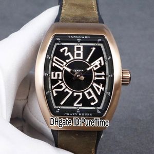 Neue Crazy Hours 8880 Automatik-Herrenuhr, Roségold, schwarzes Zifferblatt, weiße große farbige Zahlenmarkierungen, braunes schwarzes Gummileder, Puretime E137c3