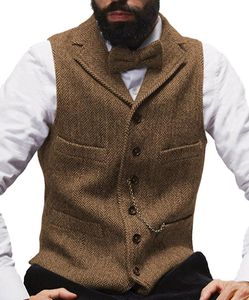 Mens Yaka Yeleği toptan satış-Erkek Yelek Erkek Vintage Yün Karışımı Çentikli Yaka Herringbone Erkek Yelek Düğün Groomsmen Moda Elbise için Tops