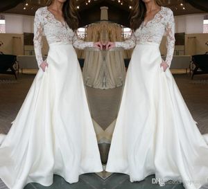Koronkowe sukienki na szyi v długie rękawy Sheer Illusion Top Formal Satin Bridal z kieszeniami Boho Suknie ślubne na zamówienie 2024