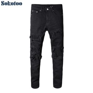 Sokotoo Erkekler Siyah Patchwork Streç Denim Biker Jeans Motosiklet İnce Fit Sıska Yırtık Pantolon