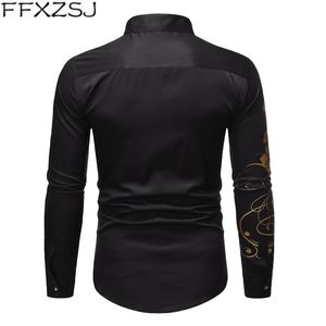 Mäns casual skjortor Stylish Gold Flower Print Black Shirt Men 2021 Spring Slim Fit Long Sleeve Mens Dress Party Man Social S289e