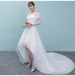 Neues High-Low-Kurzhochzeitskleid mit kurzen Ärmeln, High-Low-Lace-Up-Spitze-Tüll-Damen-Informelles Landhochzeitskleid nach Maß