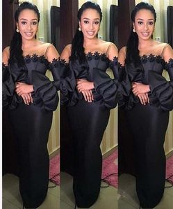 Black Long Bishop Sleeves Evening Dress With Appliques Sheer Neck Sheath Robe De Soiree Formal Prom Dresses For Women