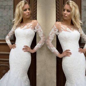 Sheer Bateau Neck Wedding Dresses Sexy Backless Lace Long Sleeves Bridal Gowns Slim Tulle Mermaid Wedding Dress