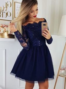 Navy Blue Illusion Long Sleeves Off Shoulder Cocktail Party Dresses Lace Sequins Draped Backless Short Homecoming Graduation Dress Cheap