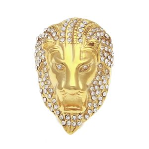 Iced Out Lion Head Ringar för Mens Hip Hop Crystal Rhinestone Gold Animal Sign Rings Kvinnor Rapper Hiphop Smycken Gift