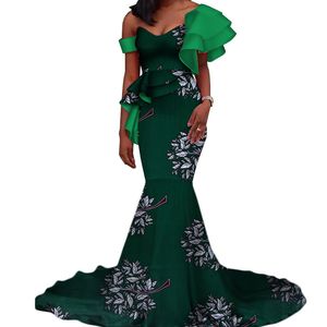 Vintage Vestidos Bazin Long Mermaid Dress Draped Patchwork African Print Dresses for Women African Ankara Kläder WY3346