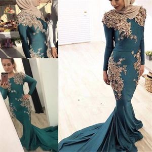 Muslim Mermaid Evening Dresses Dark Green Gols Lace Appliques Long Sleeves Prom Dress Beaded Women Formal Party Gowns Custom Made