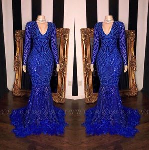 Royal Blue Lace Feather Mermaid Prom Dresses Black Girls V Neck Longeple Sweep Train Formell Evening Party Gowns Real Image BC3607