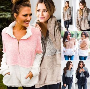 Women Pocket Fleece Hoodie 4 Colors Patchwork Zip Fur Winter Sweatshirt Pullovers Turtleneck Zipper Sherpa Tops LJJO7201