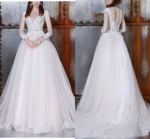 Z Długim Rękawem Berta Bohomian Suknie ślubne Empire Talia Koronki Kryształ Kryształ Sheer Deckline A-Line Bridal Party Dress Dress Train New