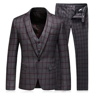 Mörkgrå mens bröllop tuxedos burgundy plaid notched lapel brudgum bär formell man en knapp 3 stycken blazer kostymer