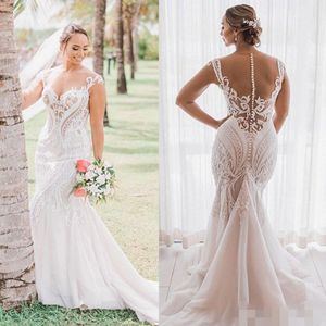 Size 2020 Mermaid Plus Dresses Lace Applique Sheer Neck Jewel Sweep Train Wedding Bridal Gown Custom Made Robe De Mariee