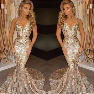 Gold Evening Dresses 2020 Sexy Plunging Neck Mermaid Sweep Train Formal Party Gowns Prom Dress Wear For Black Girls BA4582