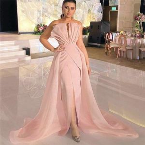 Pink Mermaid Arabic Overskirts Evening Dresses Sexy Front Split Pleats Formal Prom Dress African Robes De Soire