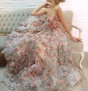 2020 with Sweetheart Neck Sleeveless Floor Length Handmade Flowers Printed Vine Pattern Organza Prom Gowns Fairy Ball Gown Evening Dresses