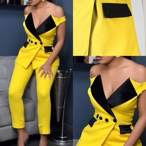 Wholesale Yellow Mother of the Bride Suits Off Shoulder 2 Pieces Women Prom Evening Formal Wear Tuxedos Blazer For Wedding(Jacket+Pants)