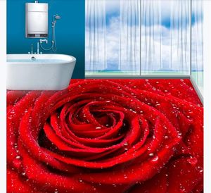 Personalizado 3D Auto-adesivo Piso Photo Papel de Parede Romântico Amor Vermelho Rosa Rosa DewDrop Quarto Banheiro 3d Chão Telhas