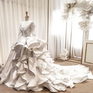 Vintage Ball Suknie Ślubne Suknie Ślubne Z Ilusion Długie Rękawy Aplikacje Ruffles Plus Size Sukienka Ślubna Wielowarstwowa Bridal Vestido De Novia