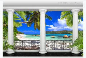 3D customized large photo mural wallpaper Roman column balcony garden coconut tree island seascape 3d background wall paper for walls 3d