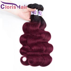 Great Texture Brazilian Virgin Burgundy Ombre Extensions Body Wave Human Hair 3 Bundles Cheap Dark Roots 1B Red Wavy Colored Weaves Deals