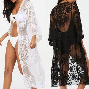 Sexig se genom V-hals sommarstrandskläder Öppna Kimono Cardigan Lace Tunika Kvinnor Toppar Blus Långtröjor Pareo Plage