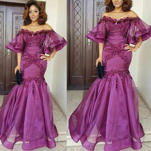 Purple Mermaid Evening Dresses Off the Shoulder Ruffle Lace Applique Beaded Flare Sleeve Floor Length Prom Gowns