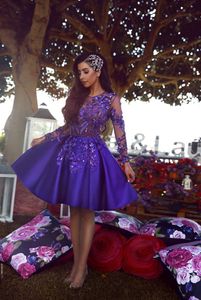 Sexy Sheer Top Długą Rękaw Krótkie Mini Koktajl Party Sukienki Vestidos De Fiesta African Prom Dresses 2019 Nowe Fioletowe Suknie Wieczorowe 2019