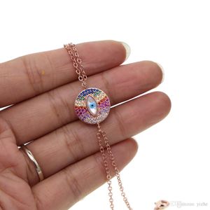 Оптовые - мода ювелирные изделия Pave Multi Color CZ Rainbow Stone Мать жемчуга Сглаз очарование глаз Двойная цепь Розовый золотой браслет для девушки