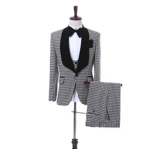 Custom Designe Houndstooth Groom Tuxedos Black Lapel Groomsmen Mężczyźni Suknia Ślubna Moda Mężczyzna Kurtka Blazer Garnitur (Kurtka + Spodnie + Kamizelka + Krawat) 1064