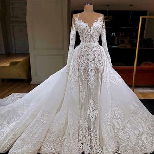 Full Lace Mermaid Bröllopsklänningar med avtagbar tåg Sheer Neck Långärmad Appliqued Brudklänningar Illusion Puffy Wedding Dress