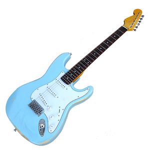 Venda por atacado Custom Retro luz azul elétrica guitarra com pickguard cinza, 3s pickups, Rosewood Fretboard, oferecendo serviços personalizados.