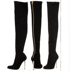 뜨거운 판매 - 새로운 가죽 / 스웨이드 섹시한 여성 무릎 부츠 위에 금속 얇은 하이힐 백 지퍼 여성 부츠 블랙 Botas