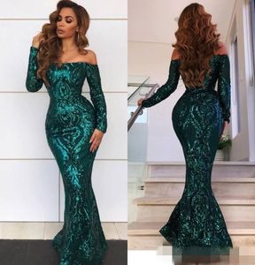 Vintage Dark Green Mermaid Prom Dresses Sequins Long Sleeves Off The Shoulder Plus Size Custom Formal Ocn Wear Evening Party Gown 403