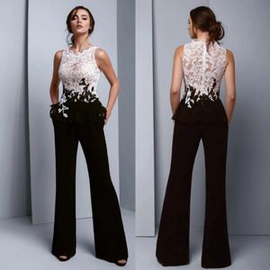 Jumpsuits, Abschlussball, Damen, Schwarz-Weiß-Spitze, Abendkleider mit Taschen, Saudi-Arabisch, langes formelles Kleid, sexy Hosenanzüge