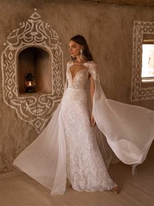 Asaf Dadush Abiti da sposa a sirena con mantello senza spalline in pizzo Perle Abito da sposa da spiaggia Abito da sposa estivo senza schienale robe de mariee