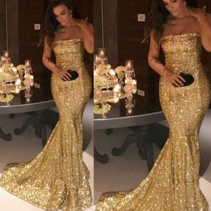 Gold Bridesmaid Dresses 2019 Sequins Cheap Strapless Neckline Mermaid Court Train Maid Of Honor Dresses Arabic
